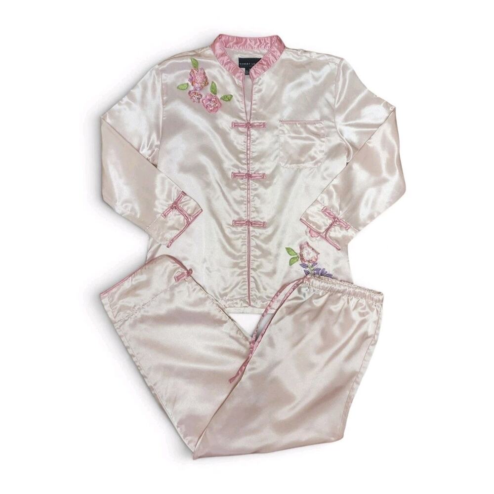 Robert Louis Medium M Pink Pajama Pant Top Set PJs Applique Embroidered Floral